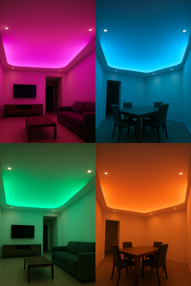 Zweifarbiges Zimmer mit stimmungsvollem LED-Licht in verschiedenen Farben.