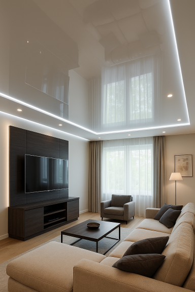 Modernes Wohnzimmer mit hellem Sofa, TV-Wand und indirekter Beleuchtung.