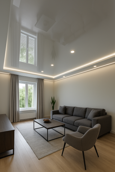 Heller, moderner Wohnraum mit Couch, Tisch und großen Fenstern.