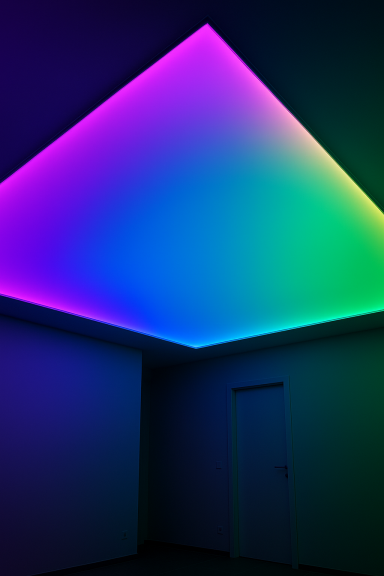 Räume mit einem farbigen, schrägen Lichtpaneel an der Decke, dunkle Wände.