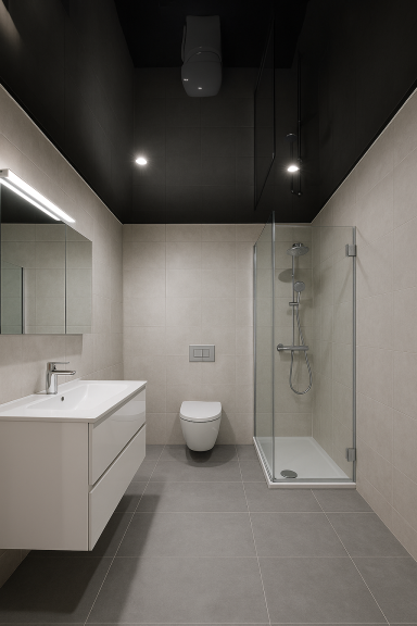 Modernes Badezimmer mit Dusche, Waschbecken und WC in neutralen Farben.