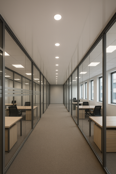 Büroflur mit Glaswänden und leeren Schreibtischen auf beiden Seiten.
