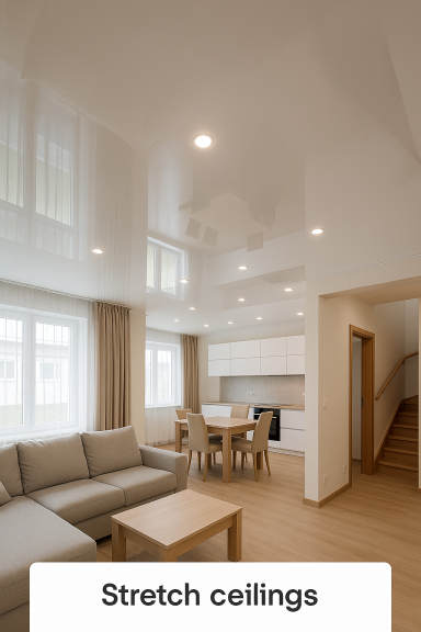 Helles Wohnungsinterieur mit Stretchdecke, Sofa, Esstisch und Treppe.