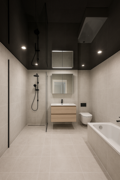 Moderne, minimalistische Badezimmeransicht mit Dusche, Badewanne und Schrank unter dem Waschbecken.