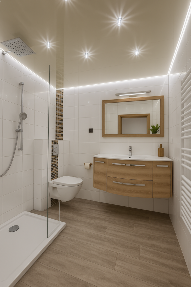 Modernes Badezimmer mit Dusche, Holzwaschtisch und spiegel, helle Beleuchtung.