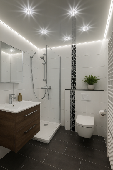 Modernes Badezimmer mit Dusche, Waschbecken, WC und Pflanzenakzent. Helle Beleuchtung.