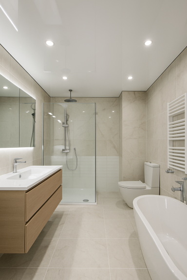 Modernes Badezimmer mit Dusche, Badewanne und Holzschrank, hellem Fliesenboden.